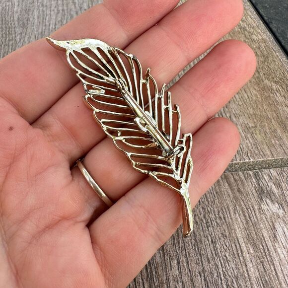 Vintage Jewelry Gold Tone Feather Leaf Brooch Palm Leaf Pin - Picture 2 of 2
